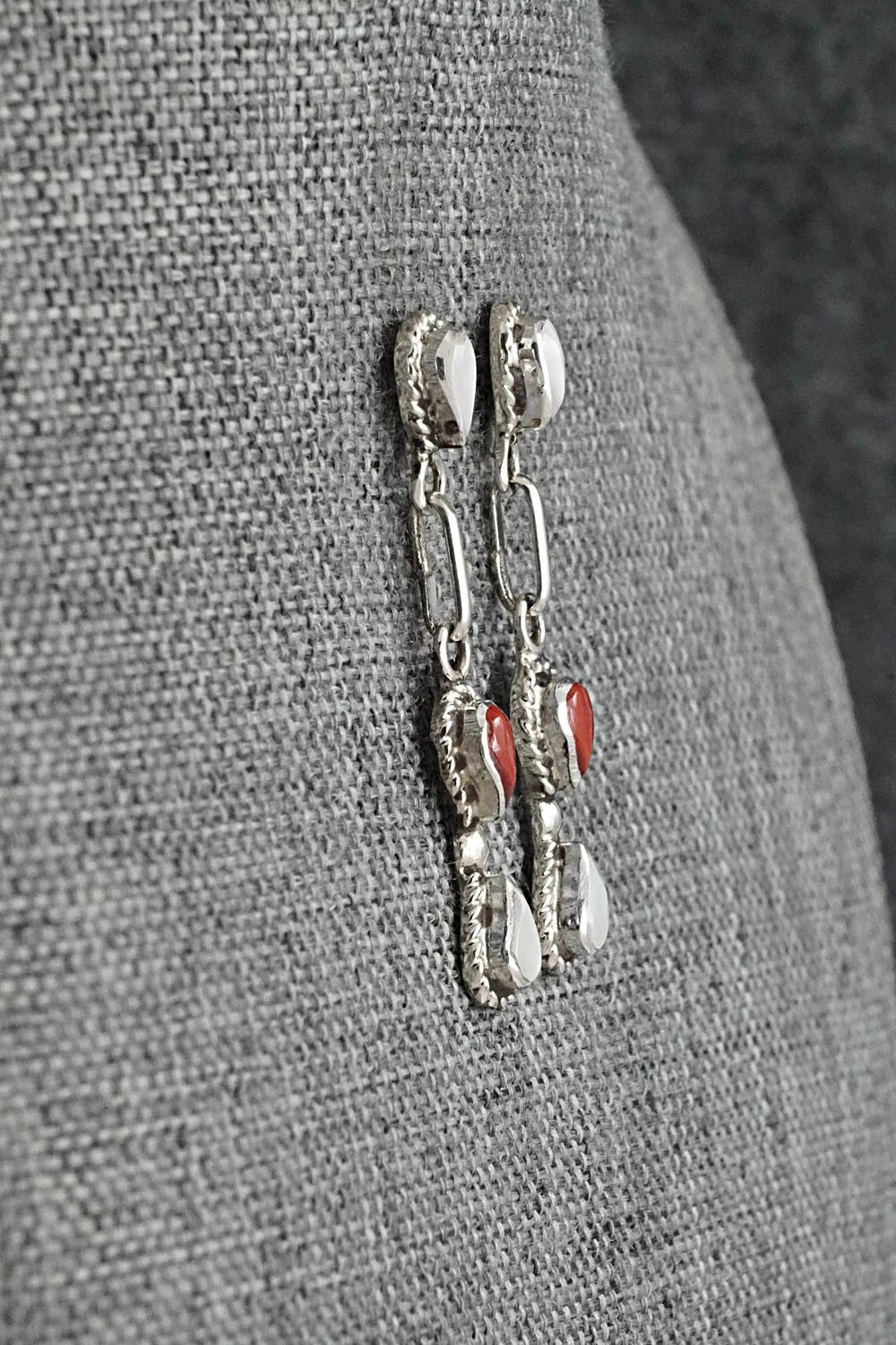 Coral, Mother of Pearl & Sterling Silver Earrings - Carol Lateyice