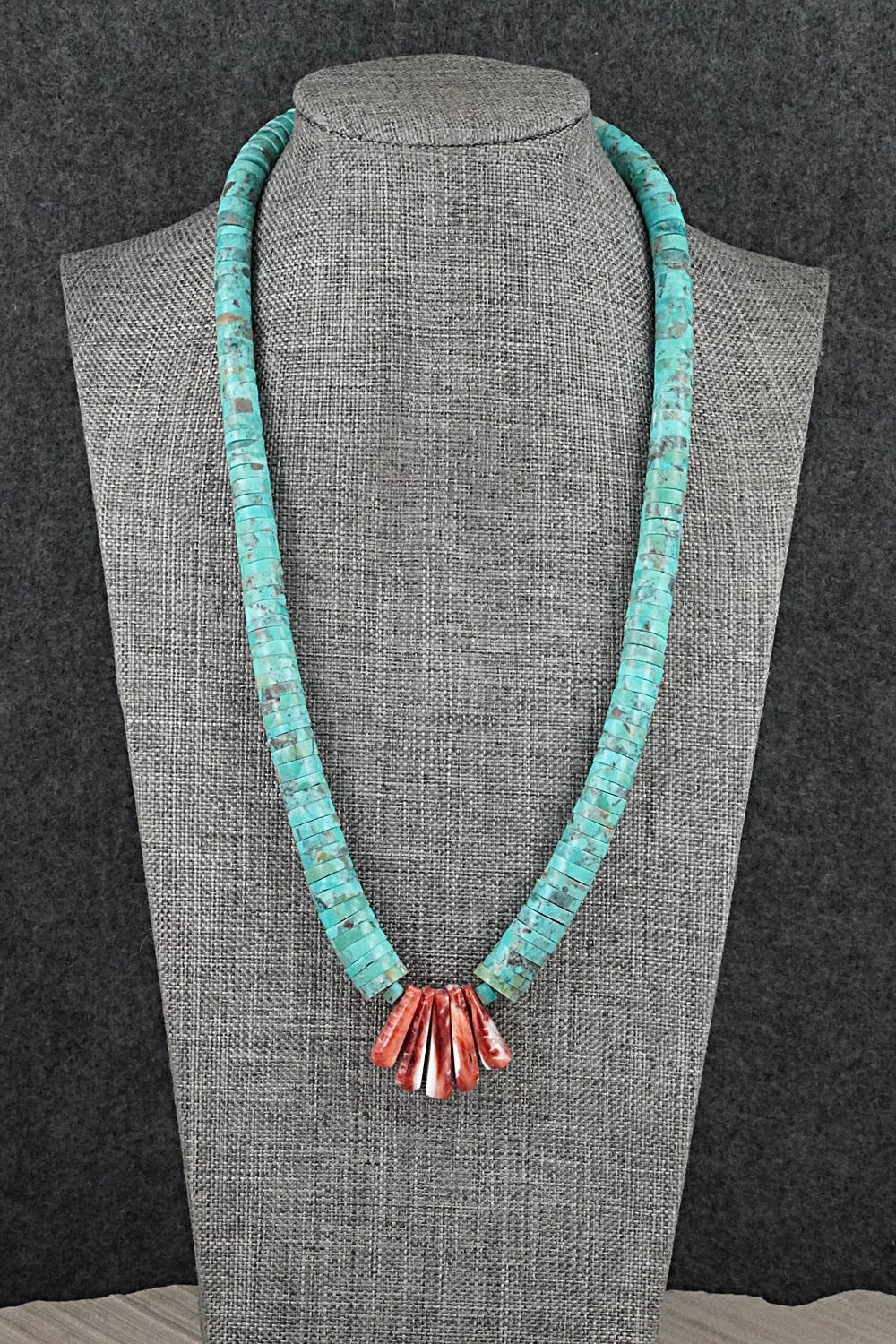 Turquoise, Spiny Oyster and Sterling Silver Necklace - Lupe Lovato