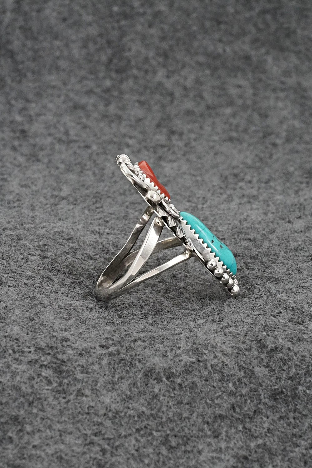 Turquoise, Coral & Sterling Silver Ring - Herbert Begaye - Size 9.5