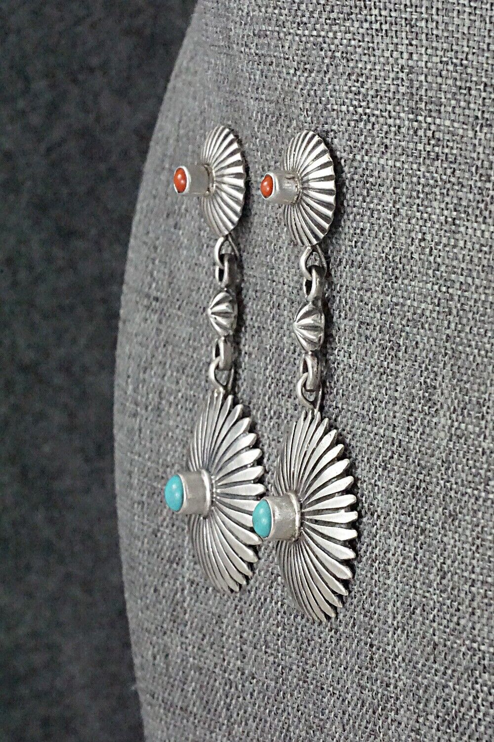 Turquoise, Coral & Sterling Silver Earrings - Verley Betone