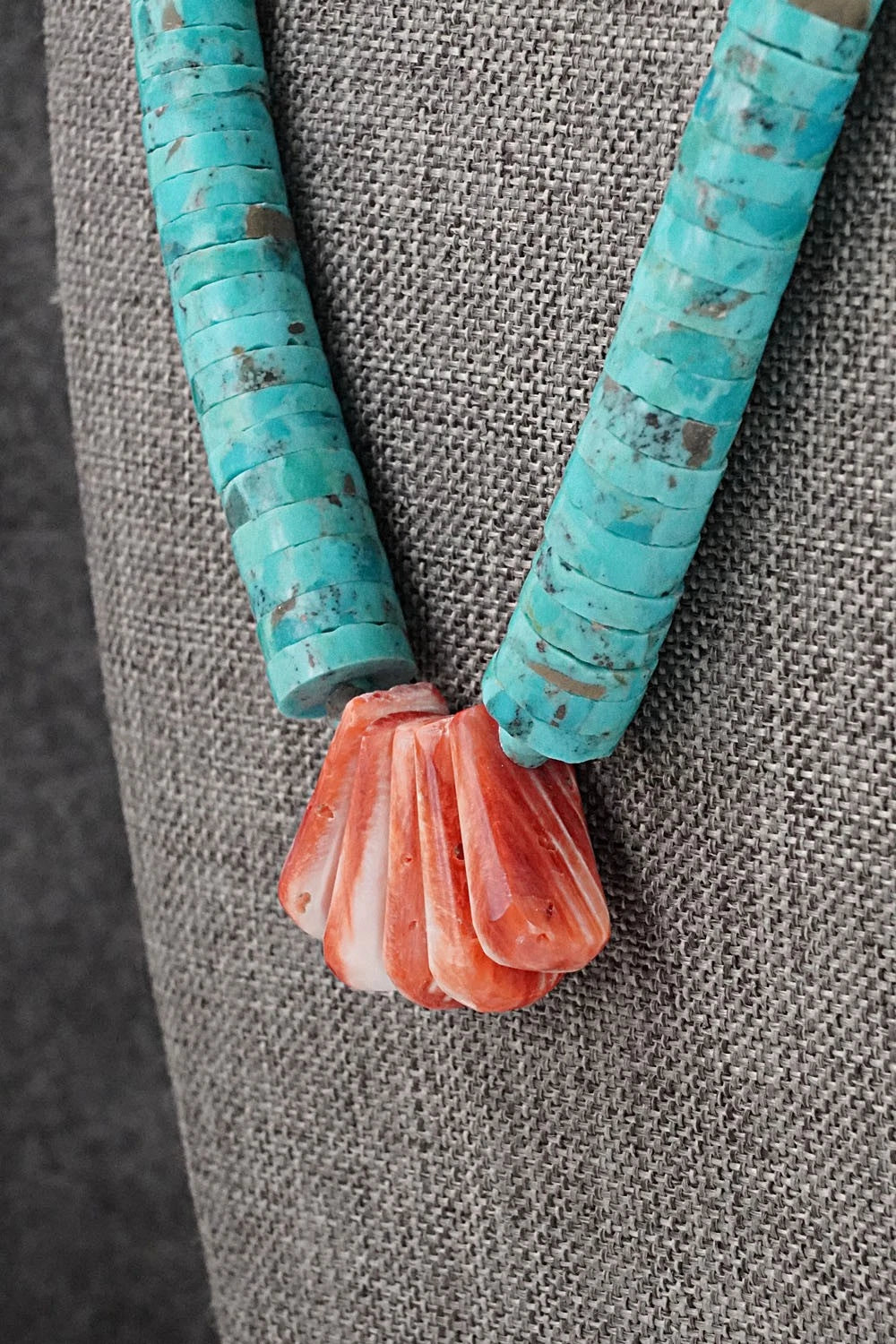 Turquoise, Spiny Oyster & Sterling Silver Necklace 20" - Lupe Lovato