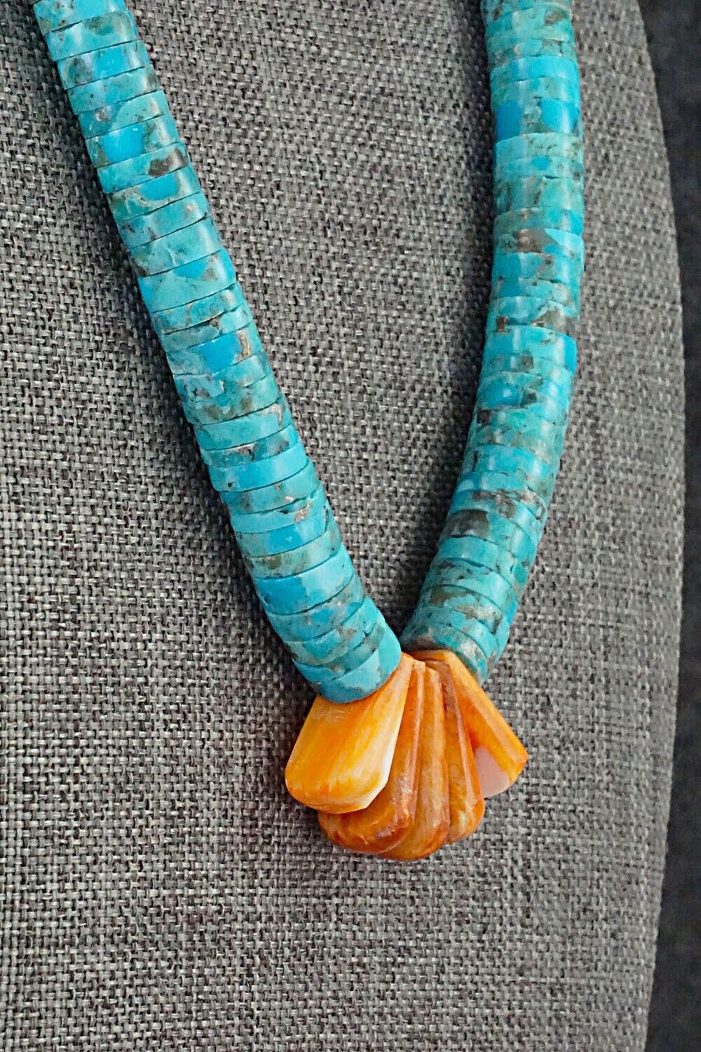 Turquoise, Spiny Oyster and Sterling Silver Necklace - Lupe Lovato
