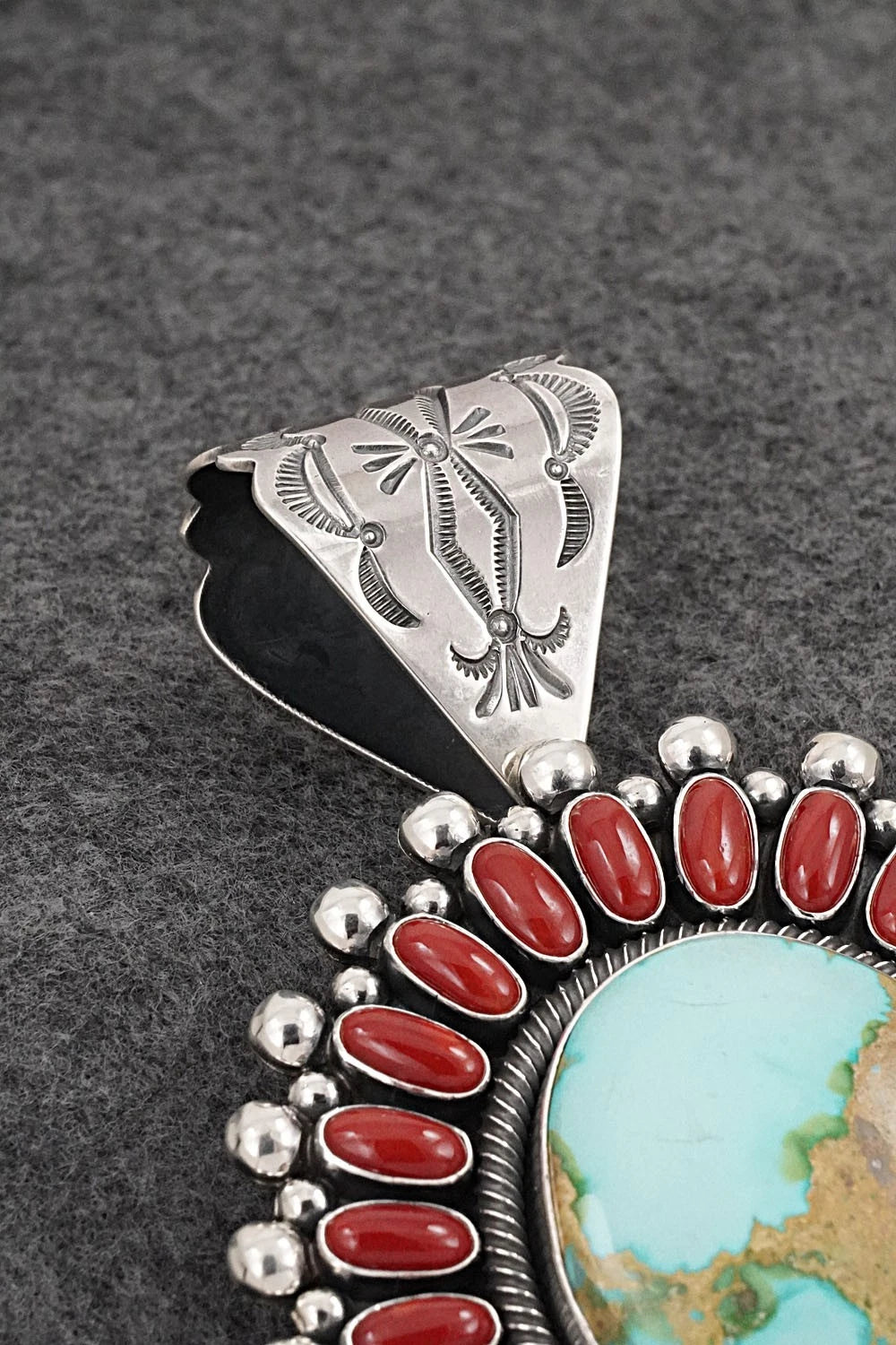 Turquoise, Coral & Sterling Silver Pendant - Ernest Begay