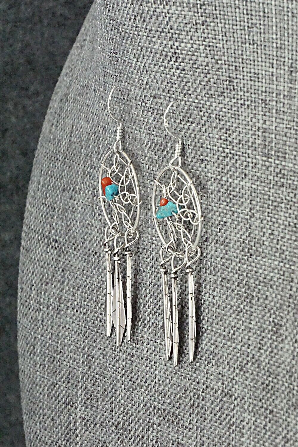 Turquoise, Coral & Sterling Silver Earrings - Lorenzo Arviso Jr.