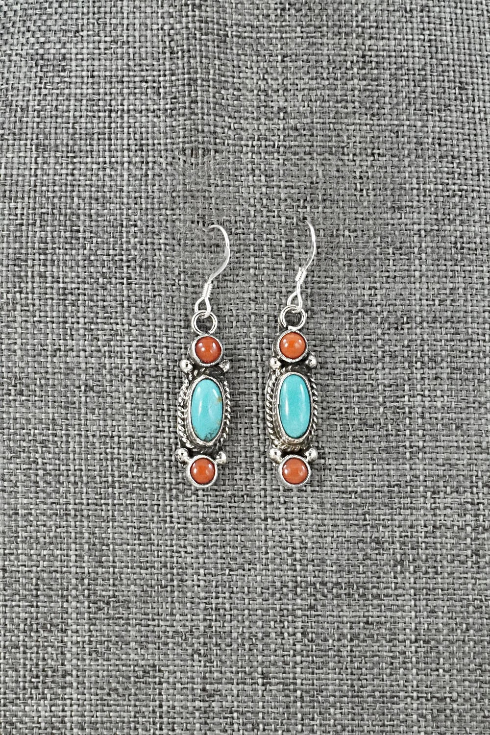 Turquoise, Coral & Sterling Silver Earrings - Verley Betone