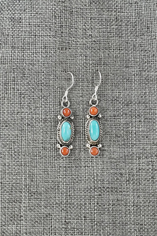 Turquoise, Coral & Sterling Silver Earrings - Verley Betone