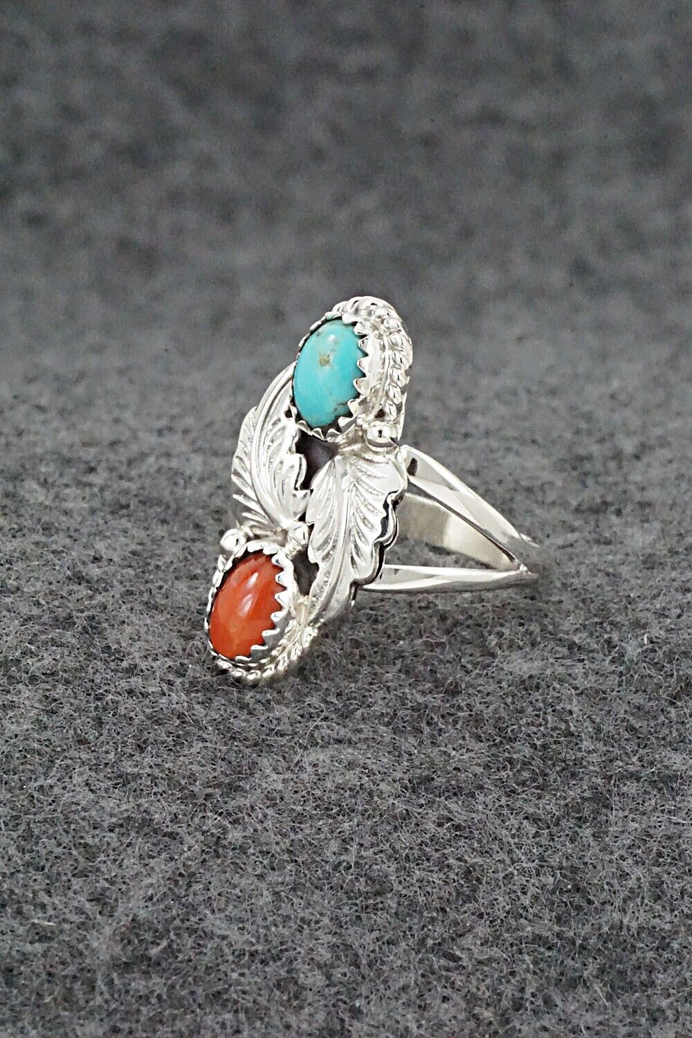 Turquoise, Coral & Sterling Silver Ring - Robert Martinez - Size 7.75