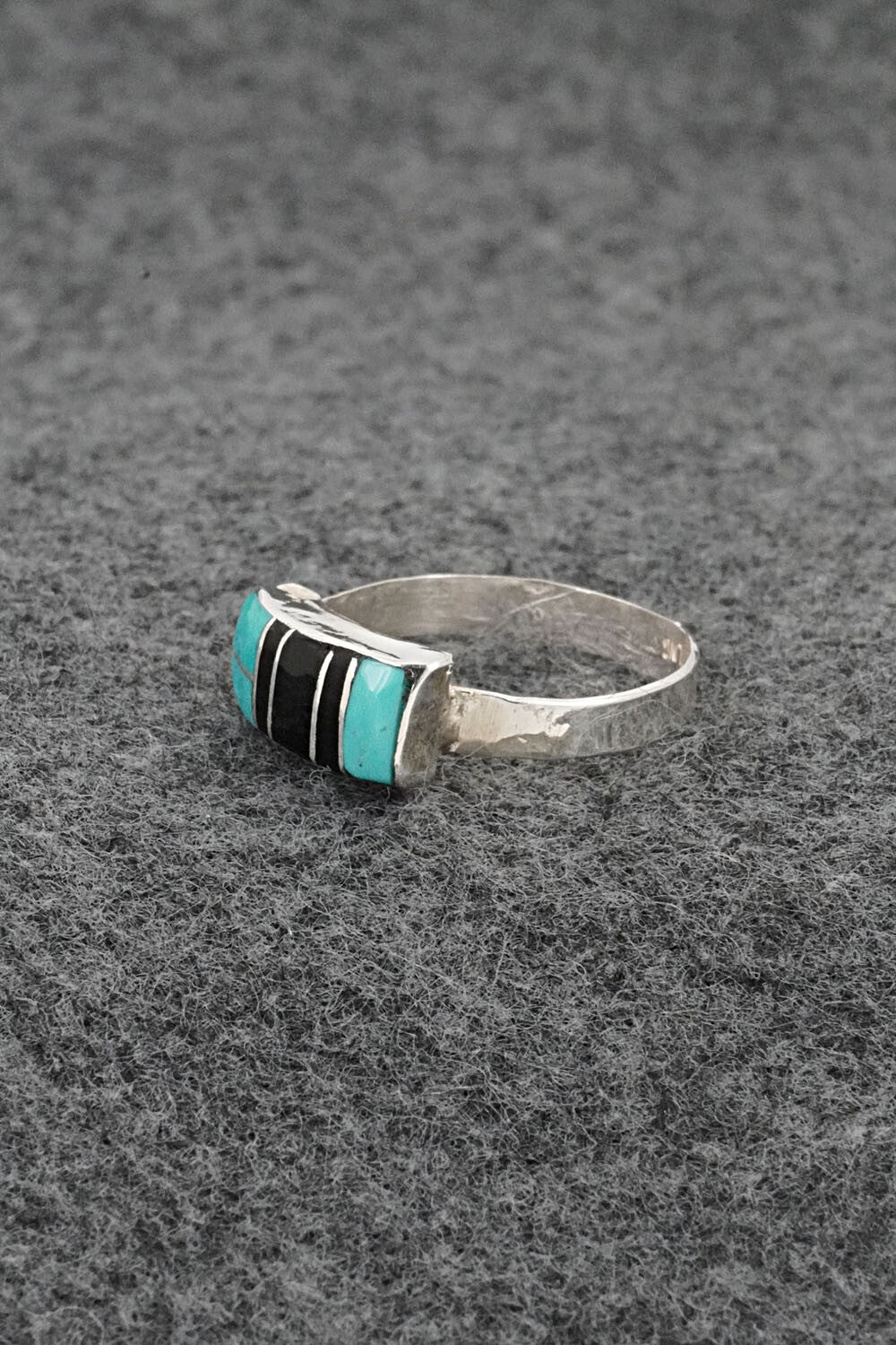 Turquoise, Onyx & Sterling Silver Inlay Ring - Ola Eriacho - Size 8