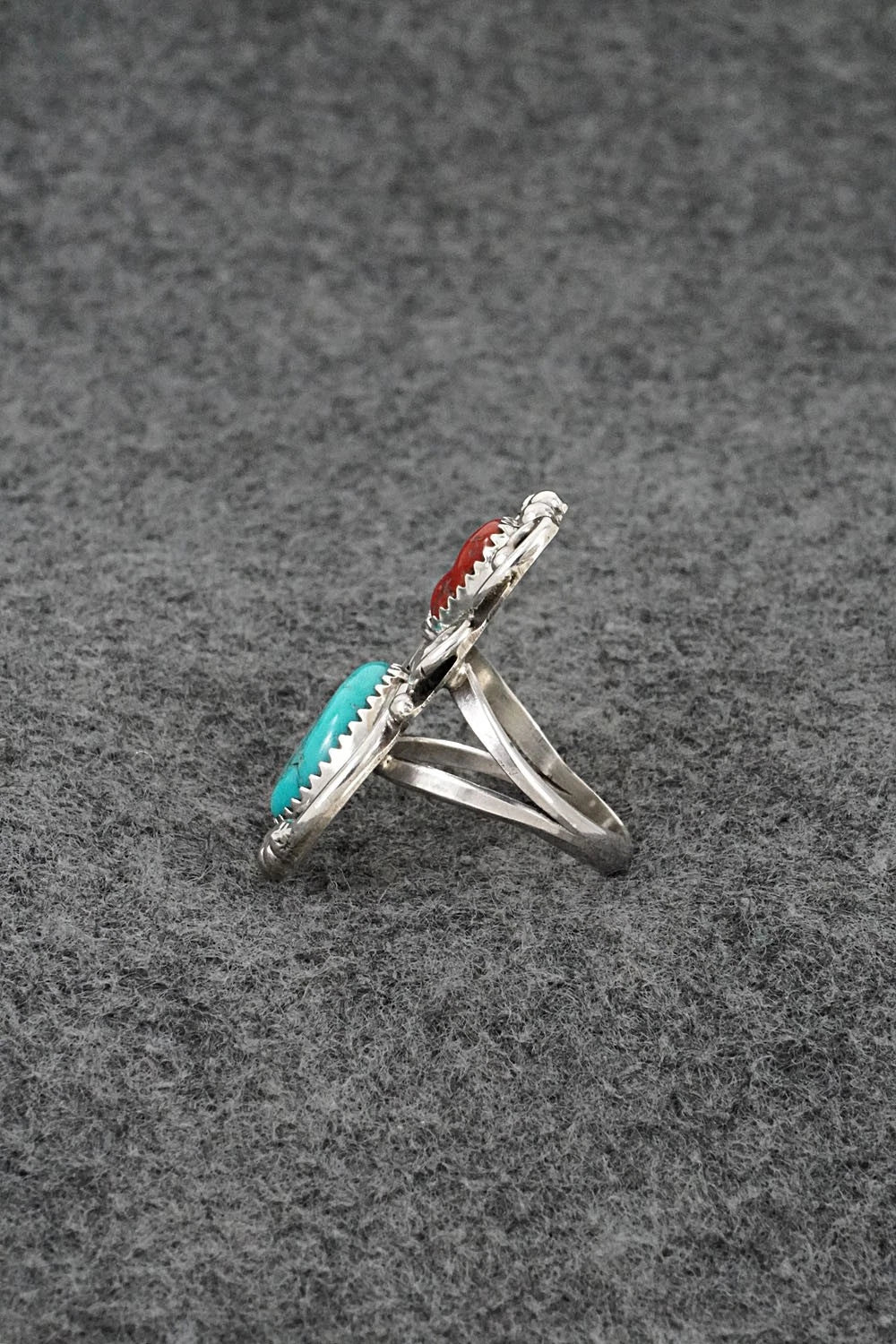 Turquoise, Coral & Sterling Silver Ring - Herbert Begaye - Size 7