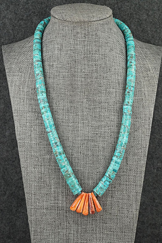 Turquoise, Spiny Oyster & Sterling Silver Necklace - Lupe Lovato