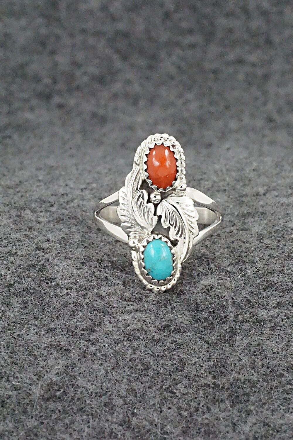 Turquoise, Coral & Sterling Silver Ring - Robert Martinez - Size 8.25