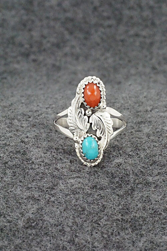 Turquoise, Coral & Sterling Silver Ring - Robert Martinez - Size 8.25