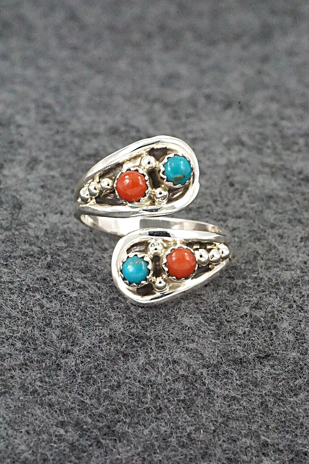 Turquoise, Coral & Sterling Silver Ring - Genevieve Francisco - Size 8