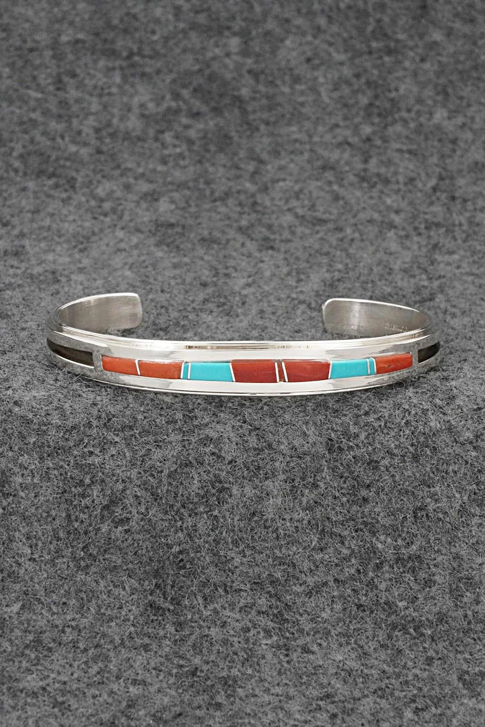 Turquoise, Coral Inlay & Sterling Silver Bracelet - Wilbert Muskett