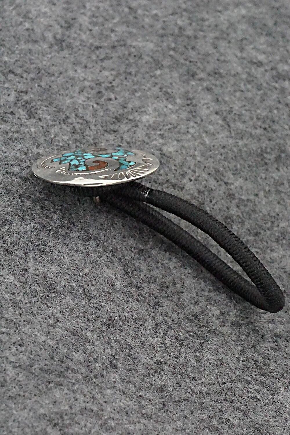 Turquoise, Coral Chip Inlay & Sterling Silver Hair Tie - Joleen Yazzie