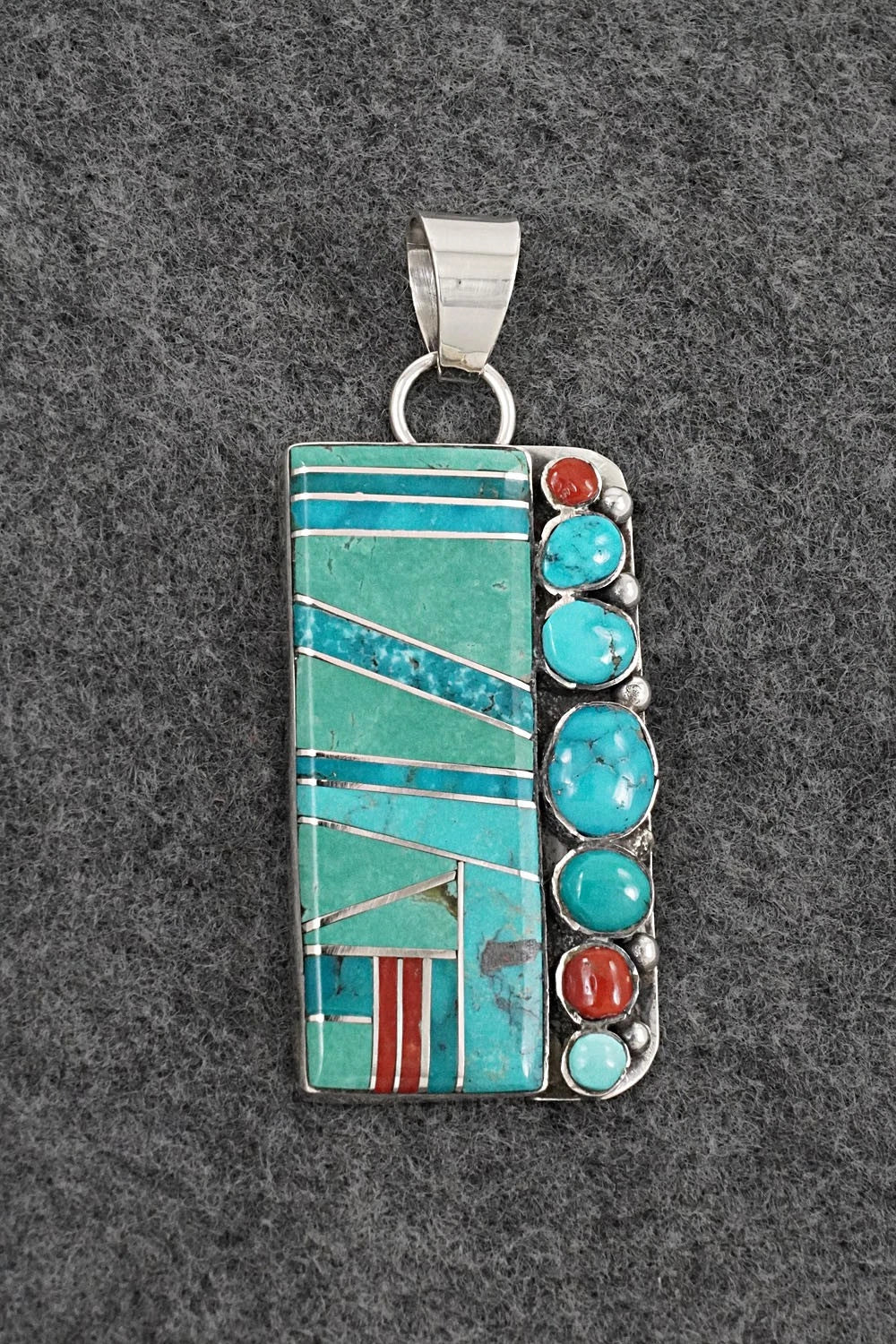Turquoise, Coral & Sterling Silver Pendant - Darlene Noble