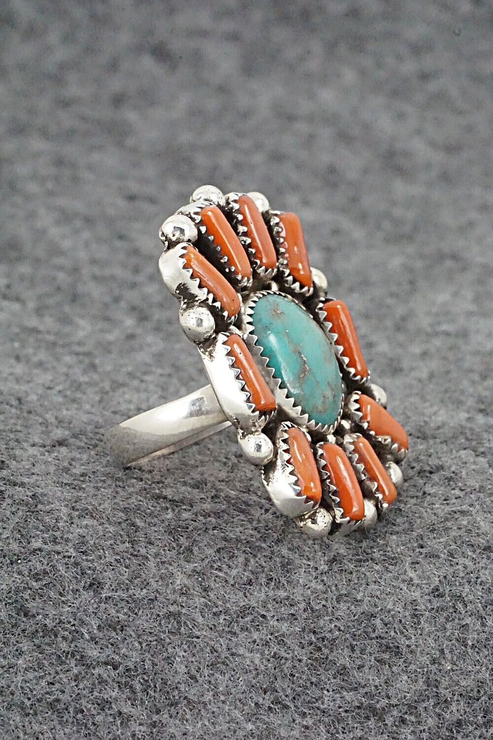 Turquoise, Coral & Sterling Silver Ring - Priscilla Reeder - Size 8.5
