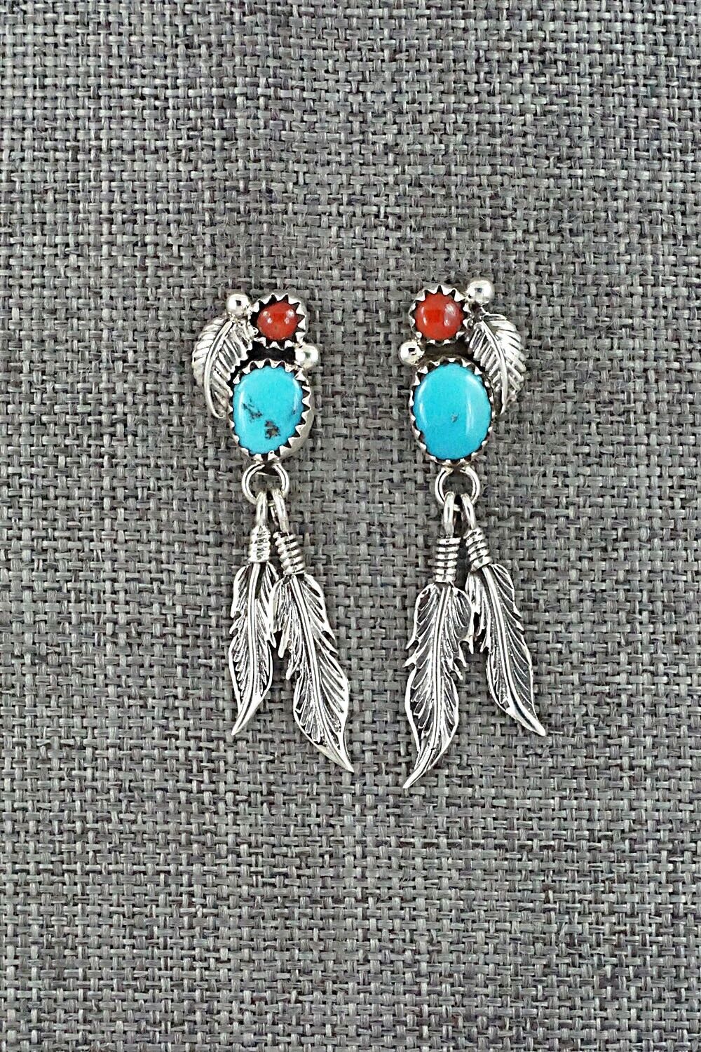 Turquoise, Coral & Sterling Silver Earrings - Marie Jones