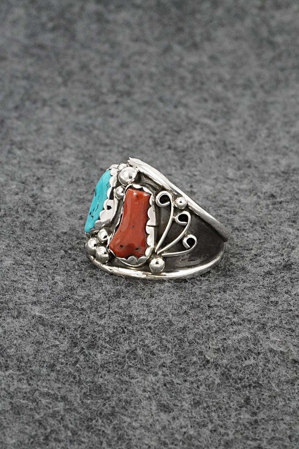 Turquoise, Coral & Sterling Silver Ring - Darrell Morgan - Size 12