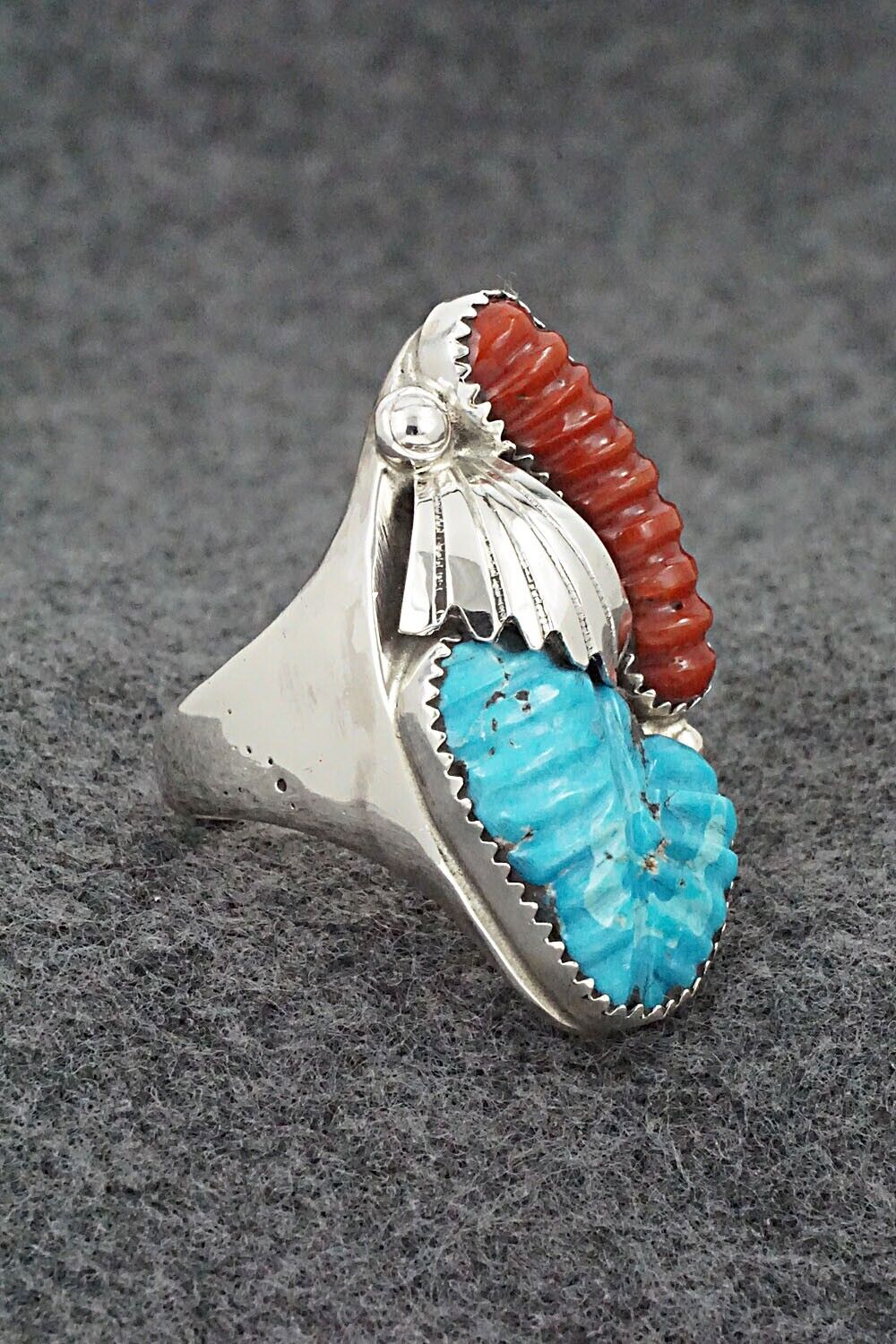 Turquoise, Coral & Sterling Silver Ring - Lyolita Tsattie - Size 11.5