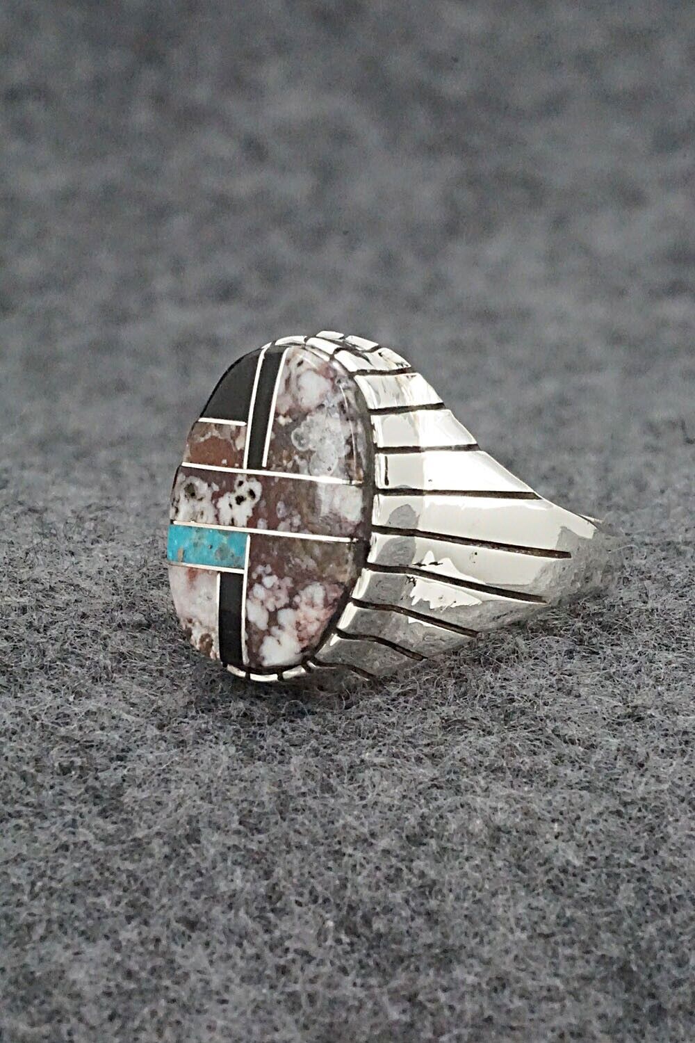 Wild Horse, Turquoise, Onyx & Sterling Silver Ring - Trevor Jack - Size 10.5