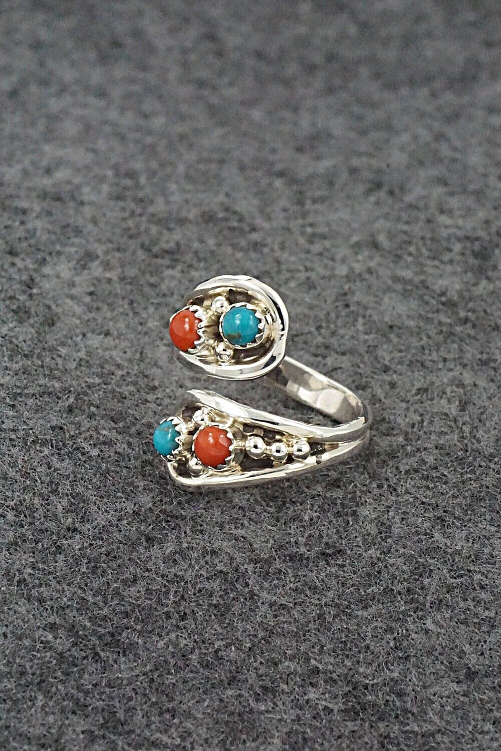 Turquoise, Coral & Sterling Silver Ring - Genevieve Francisco - Size 8