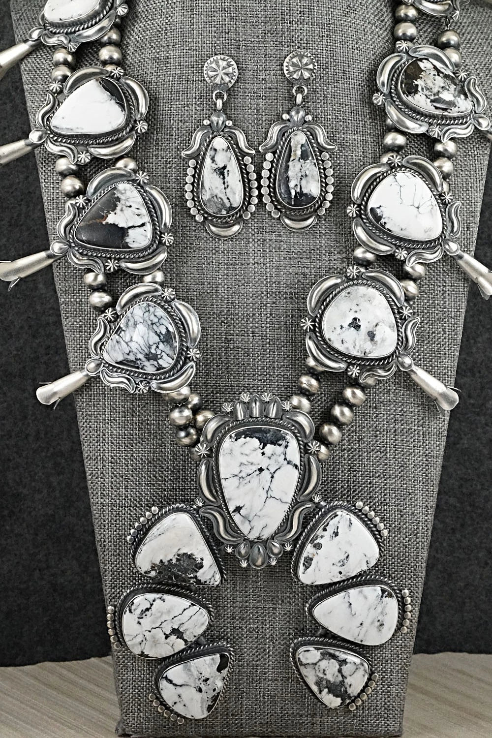 White Buffalo & Sterling Silver Squash Blossom Set - Raymond Delgarito