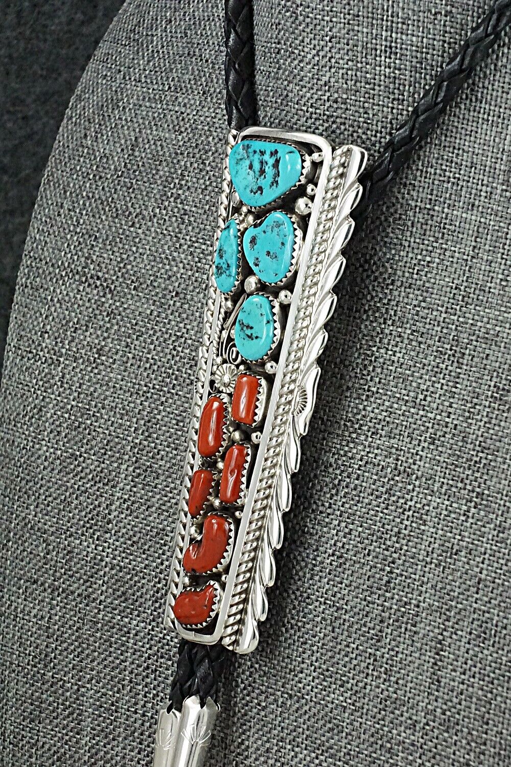 Turquoise, Coral & Sterling Silver Bolo Tie - Martin Muskett