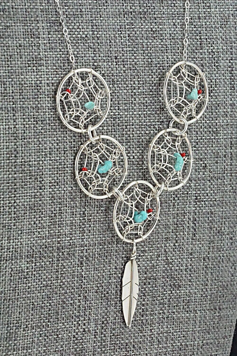 Turquoise, Coral & Sterling Silver Necklace - Lorenzo Arviso Jr.