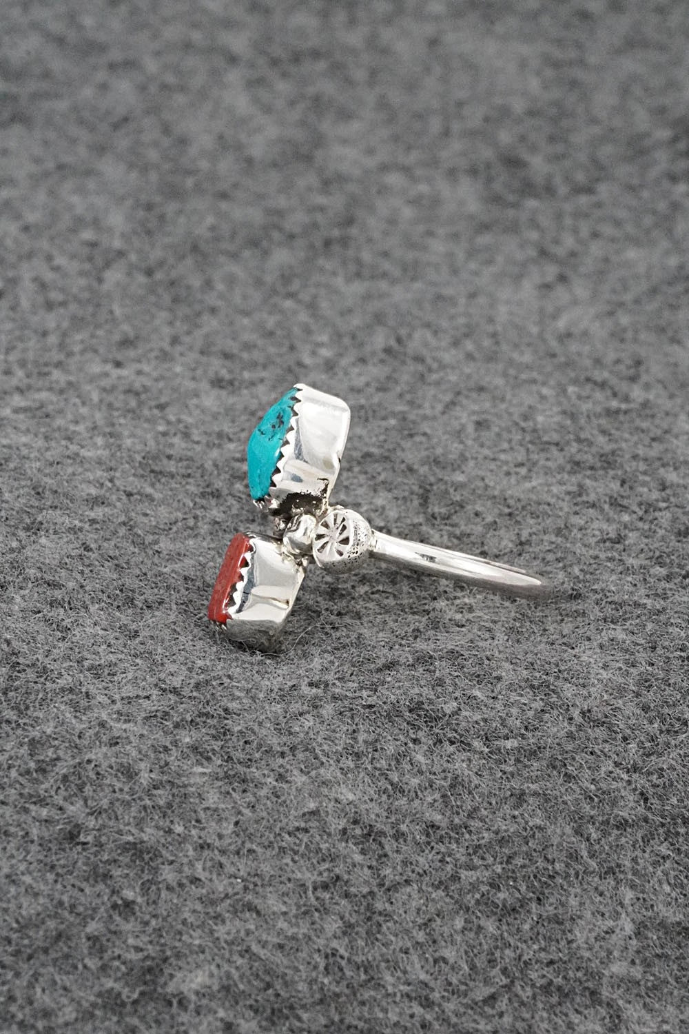 Turquoise, Coral & Sterling Silver Ring - Priscilla Reeder - Size 9