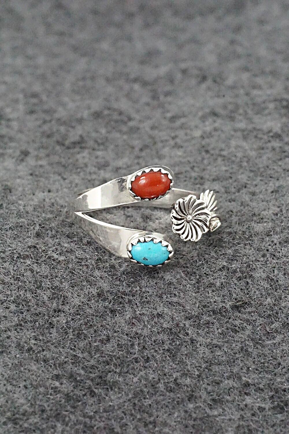 Turquoise, Coral & Sterling Silver Ring - Robert Martinez - Size 8.5