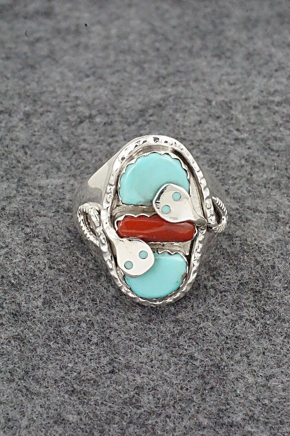 Turquoise, Coral & Sterling Silver Ring - Joy Calavaza - Size 12.5