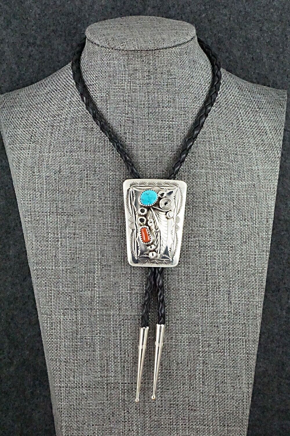 Turquoise, Coral & Sterling Silver Bolo Tie - Wilbur Myers