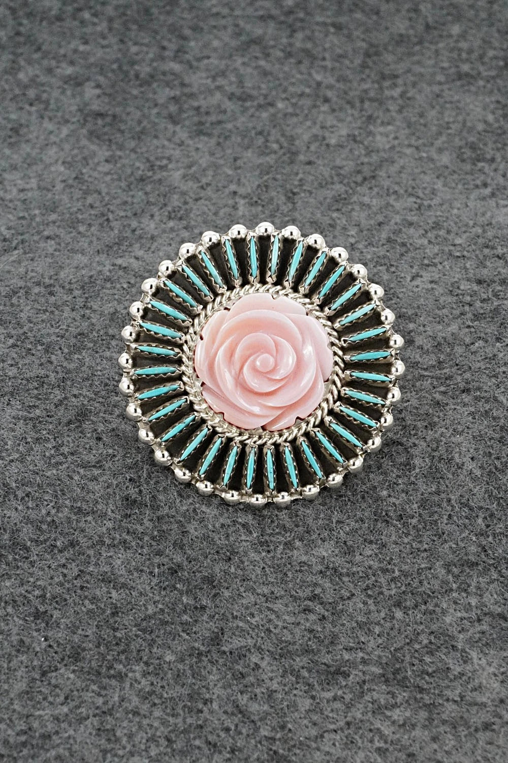 Turquoise, Pink Conch & Sterling Silver Ring - Roland Francisco - Size Adj.