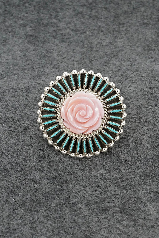 Turquoise, Pink Conch & Sterling Silver Ring - Roland Francisco - Size Adj.