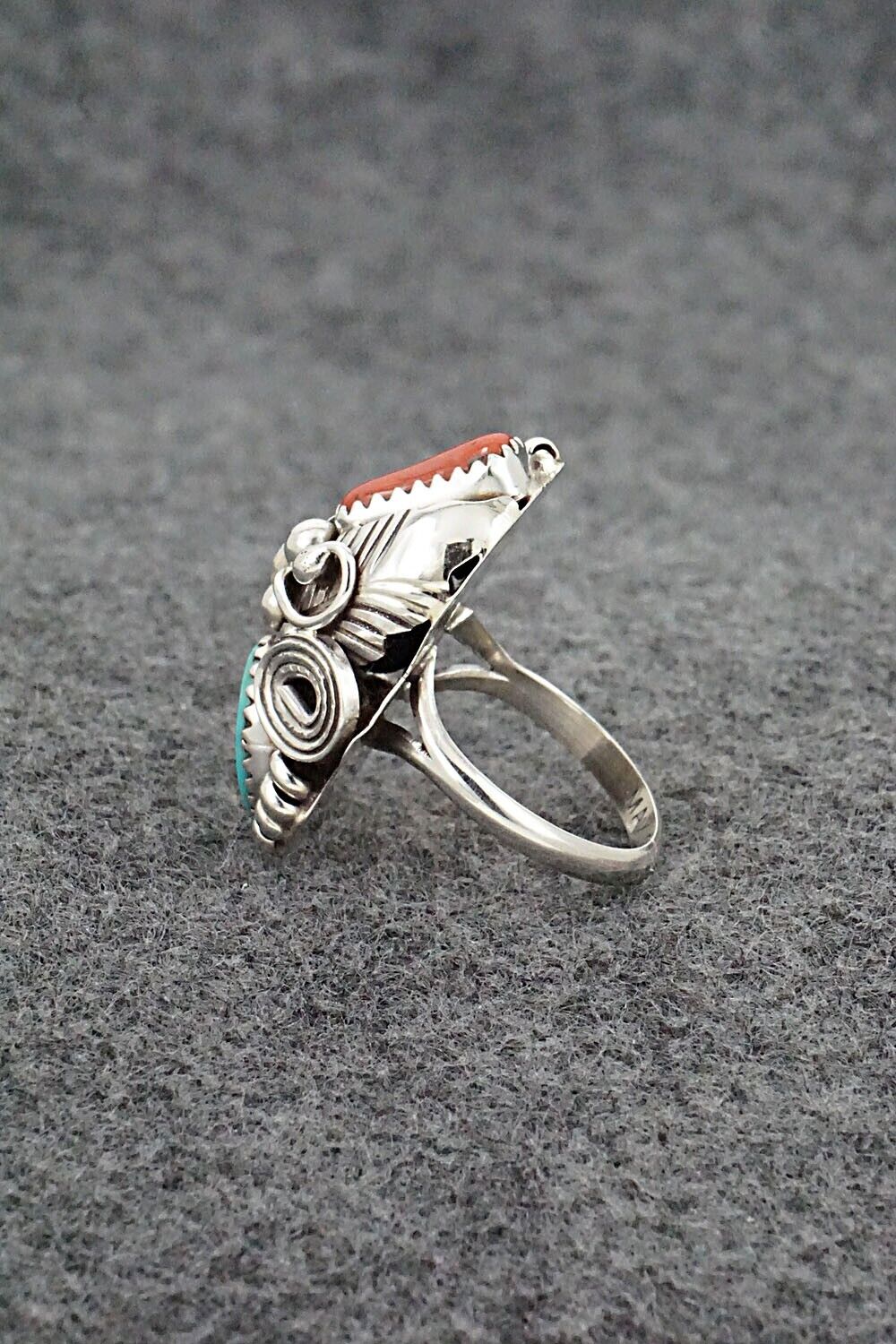 Turquoise, Coral & Sterling Silver Ring - Max Calladitto - Size 5.5