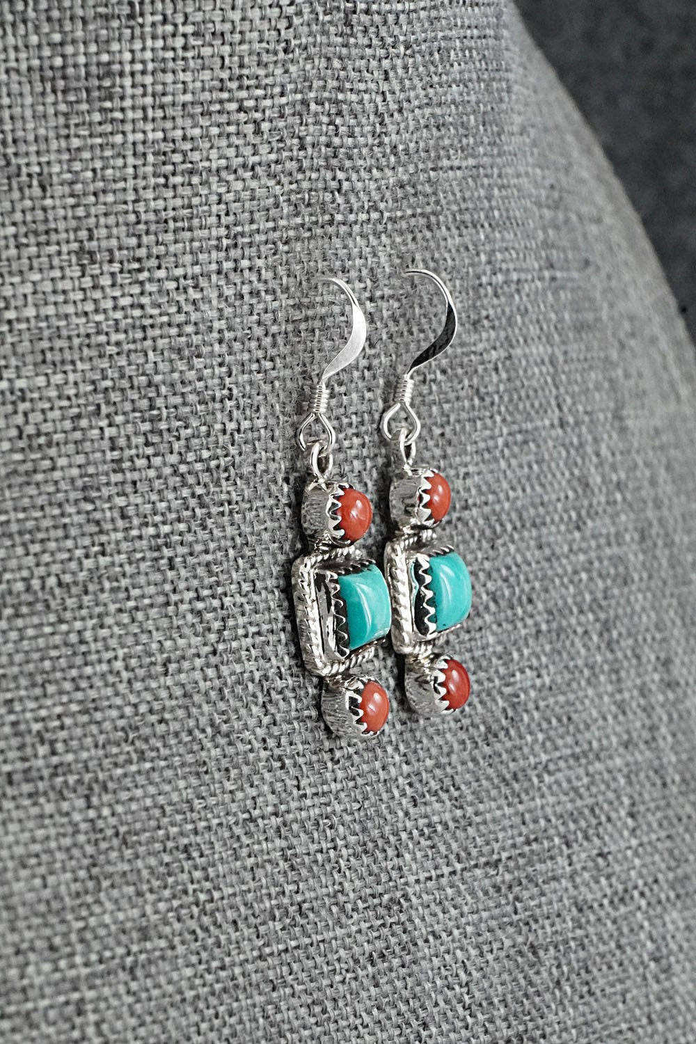 Turquoise, Coral & Sterling Silver Earrings - Gary Shorty