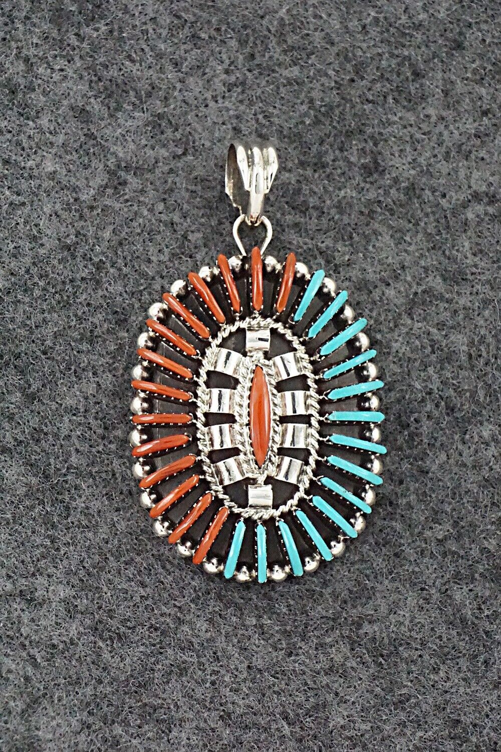 Turquoise, Coral & Sterling Silver Pendant - Edmund Cooeyate