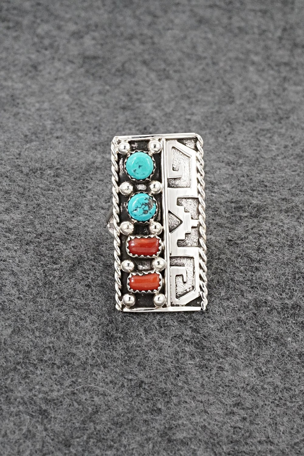Turquoise, Coral & Sterling Silver Ring - Ronnie Spencer - Size 8.5