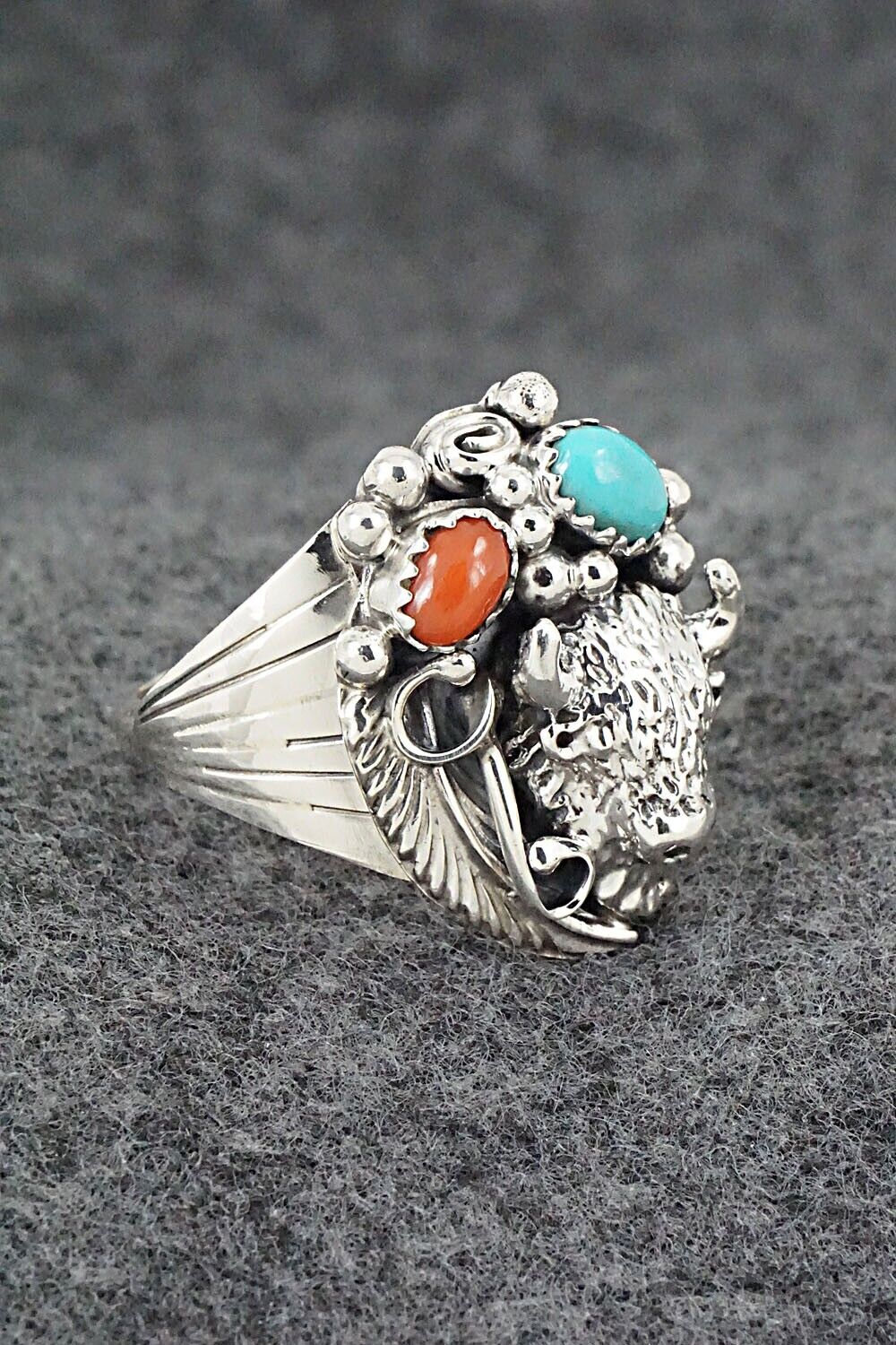 Turquoise, Coral & Sterling Silver Ring - Jeannette Saunders - Size 12.5