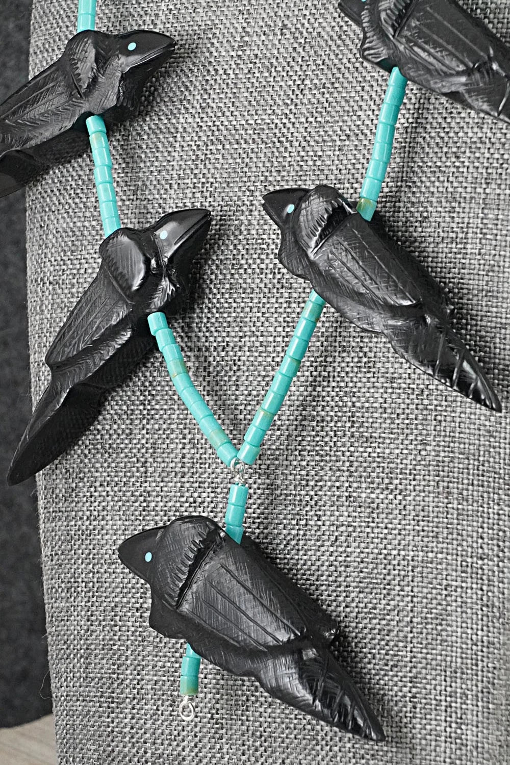 Turquoise, Jet Zuni Fetish & Sterling Silver Necklace Set - Herbert Halate
