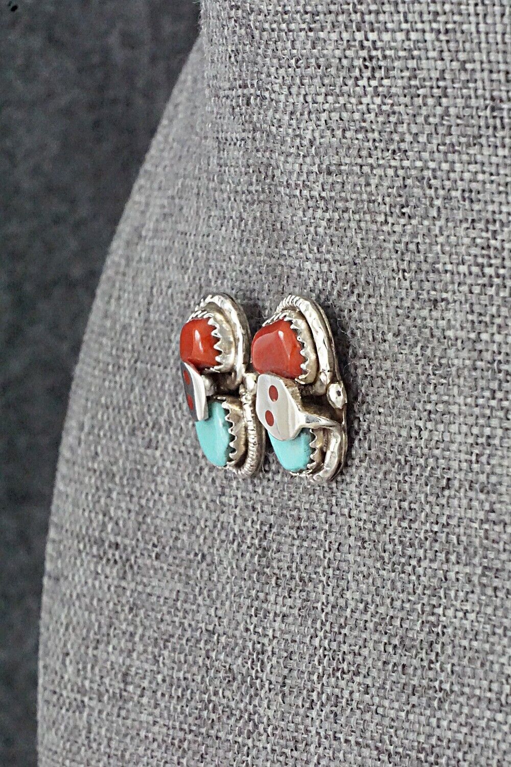 Turquoise, Coral & Sterling Silver Earrings - Joy Calavaza