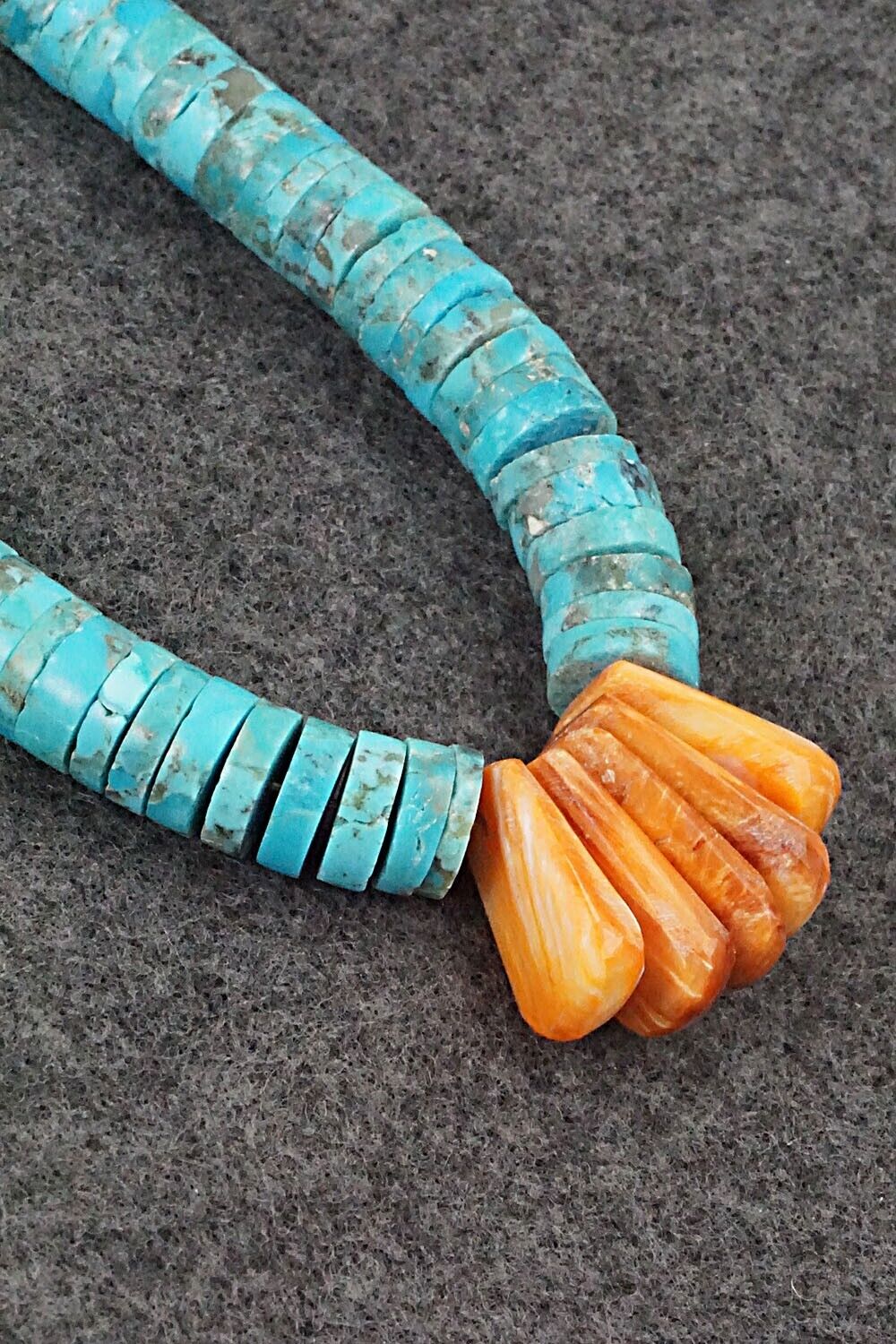 Turquoise, Spiny Oyster and Sterling Silver Necklace - Lupe Lovato