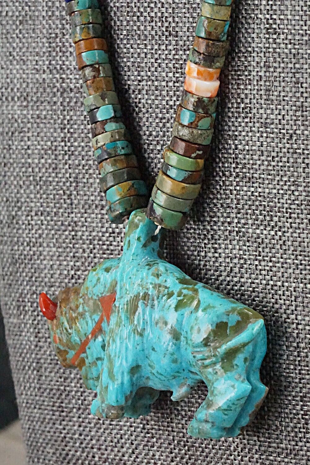 Multi Stone Buffalo Zuni Fetish Carving Beaded Necklace - Andres Quandelacy