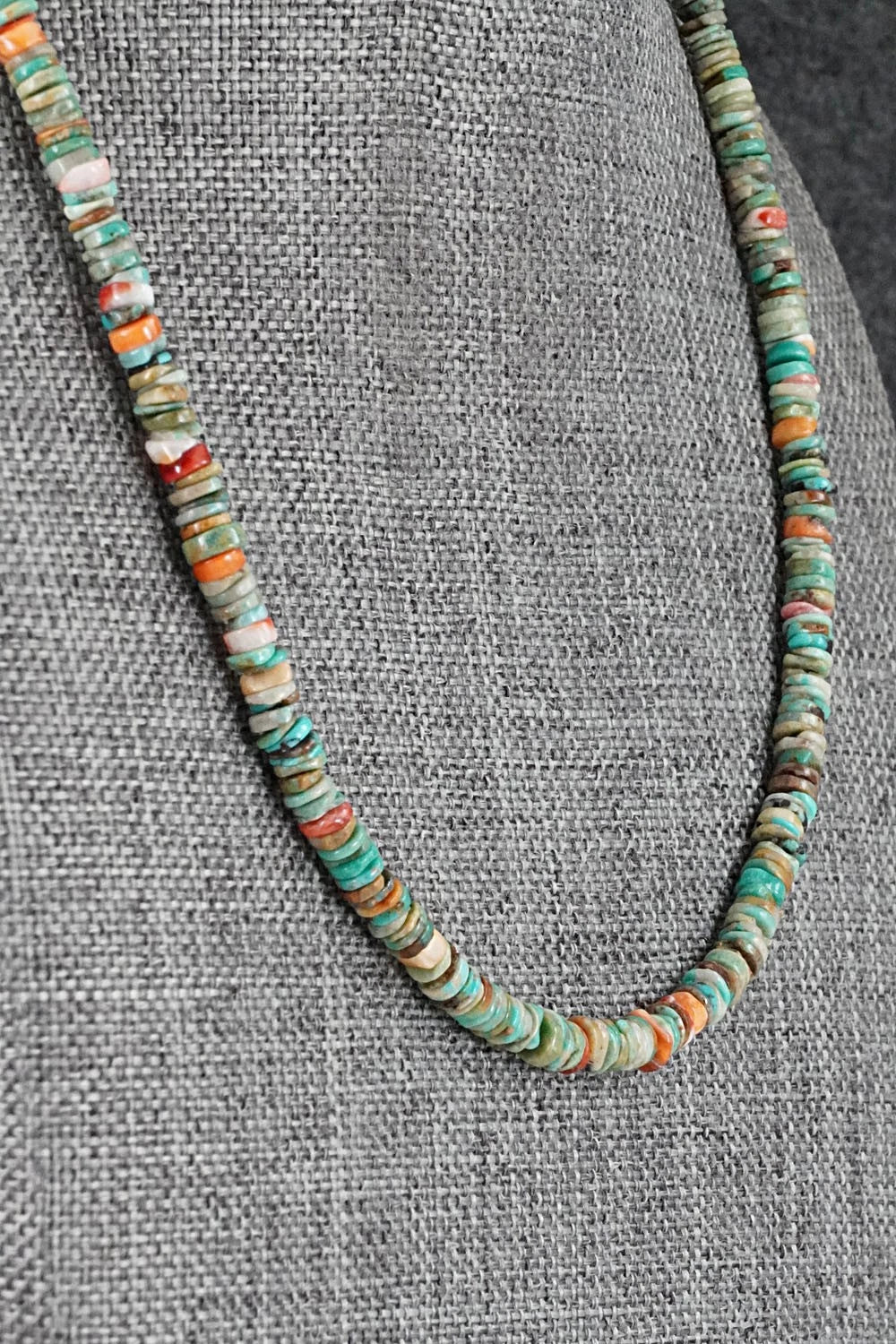 Turquoise, Spiny Oyster & Sterling Silver Necklace 17" - Doreen Jake