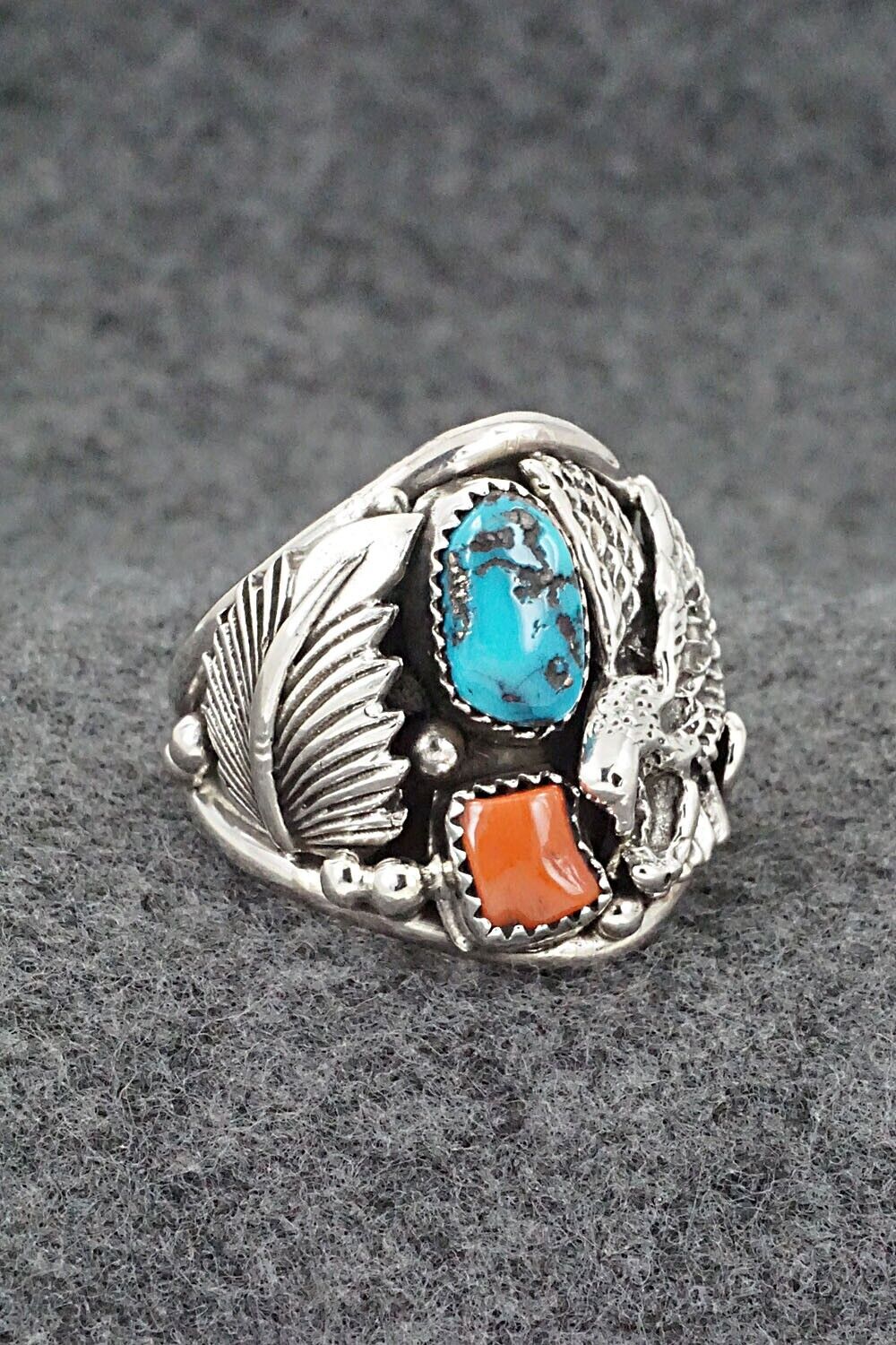 Turquoise, Coral & Sterling Silver Ring - Jeannette Saunders - Size 13