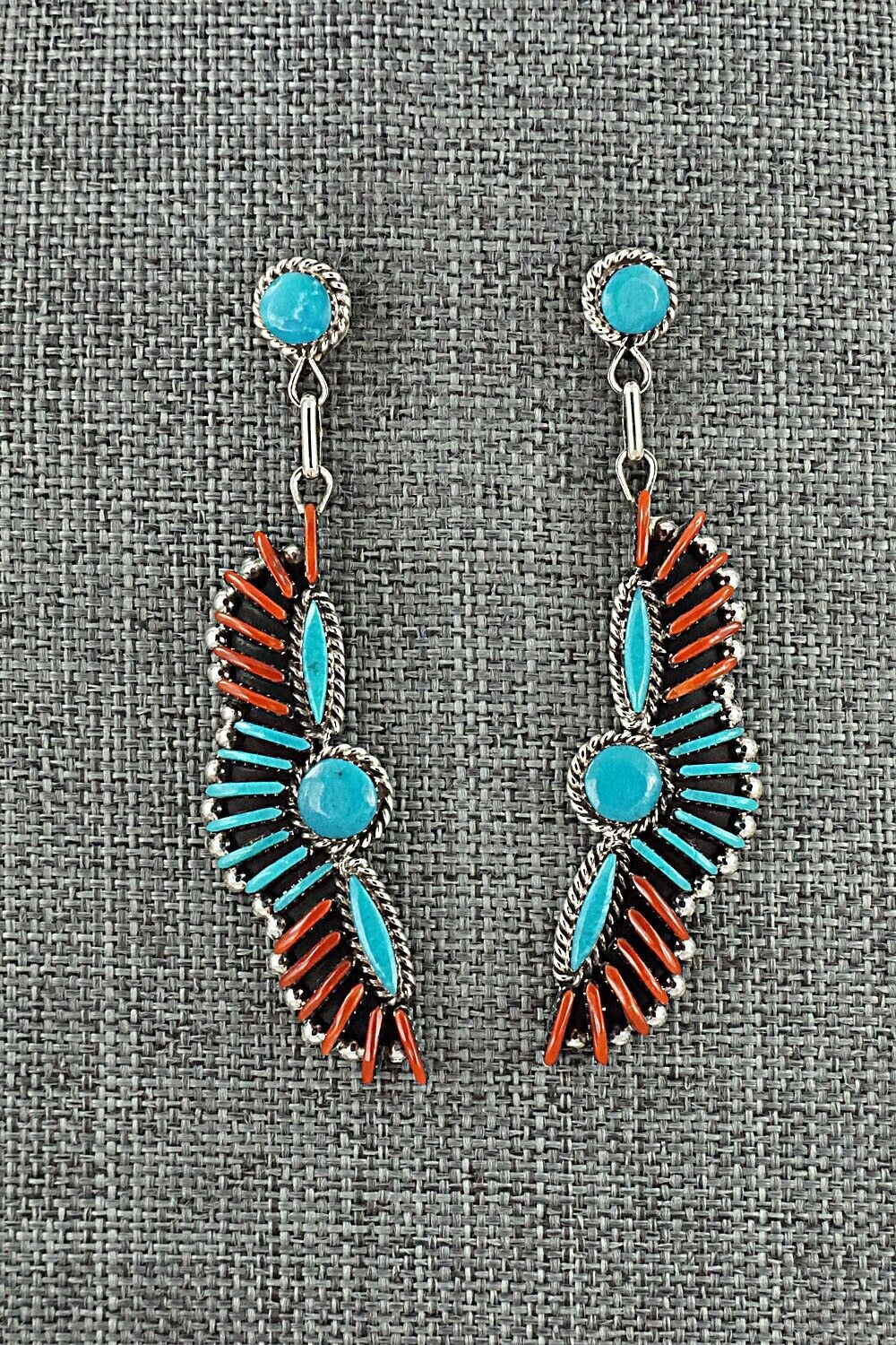 Turquoise, Coral & Sterling Silver Earrings - Edmund Cooeyate