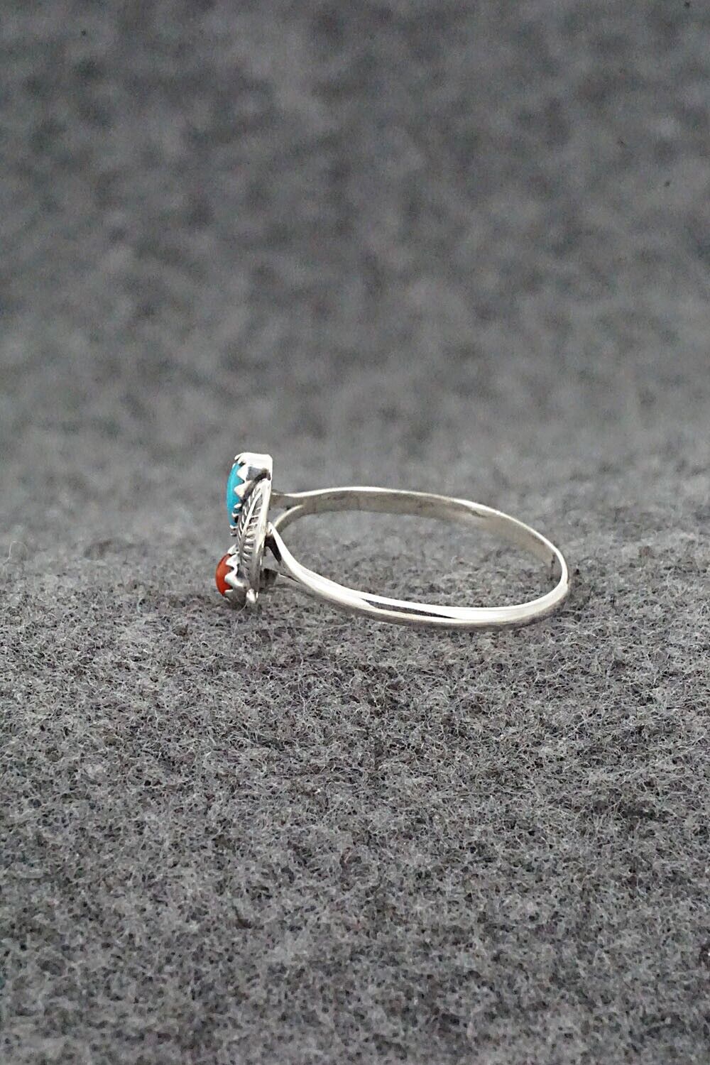Turquoise, Coral & Sterling Silver Ring - Betty Hawthorne - Size 6.75