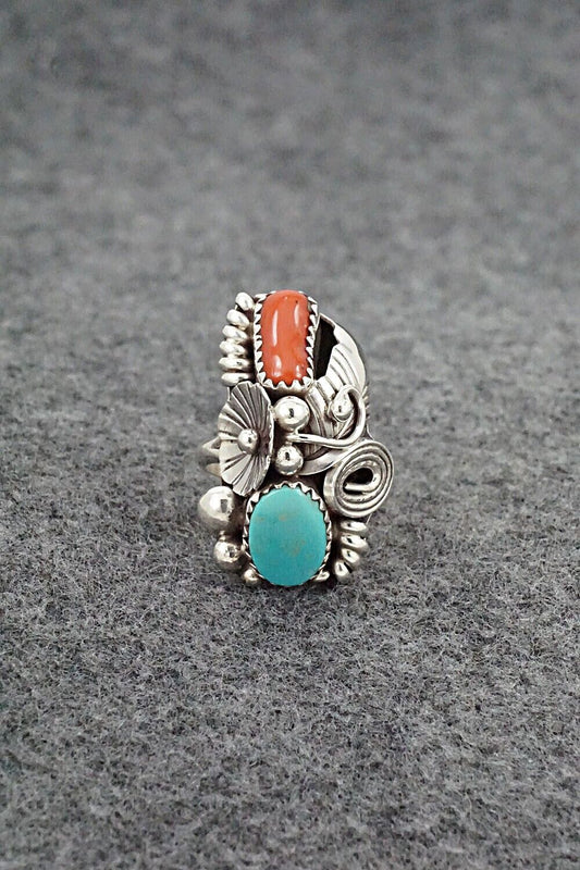 Turquoise, Coral & Sterling Silver Ring - Max Calladitto - Size 5.5