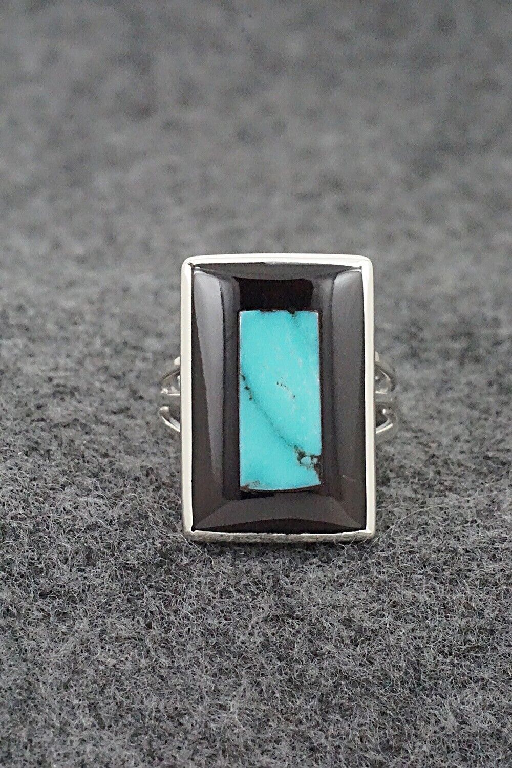 Turquoise, Onyx & Sterling Silver Inlay Ring - Harlen Consis - Size 7.25